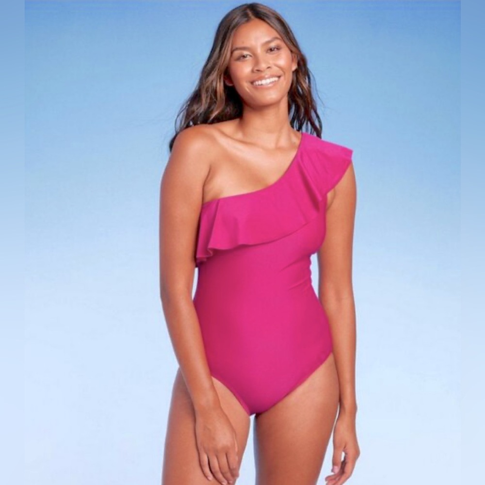 Women's Ruffle One Shoulder Full Coverage One Piece Swimsuit - NWT!